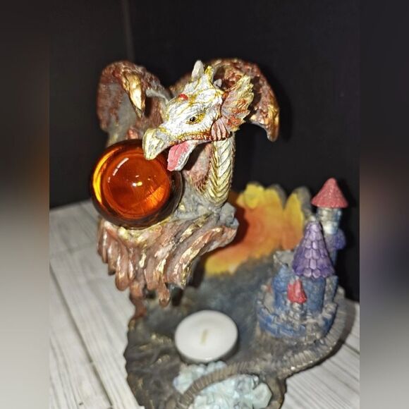 Vintage Red Gold Mythical Fantasy Perched Dragon Castle Tea Light Candle Holder - Picture 6 of 12